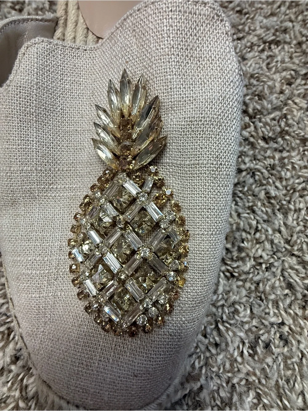 White House Black Market Cream Espadrille Slip-On with Gold Pineapple Accent